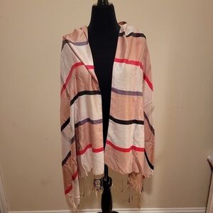 Tan Plaid Silk Blend Fringe Scarf / Wrap